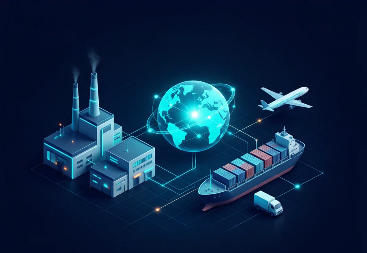 Isometric global supply chain: factories, digital globe, container ship, airplane and truck connected by glowing logistics network